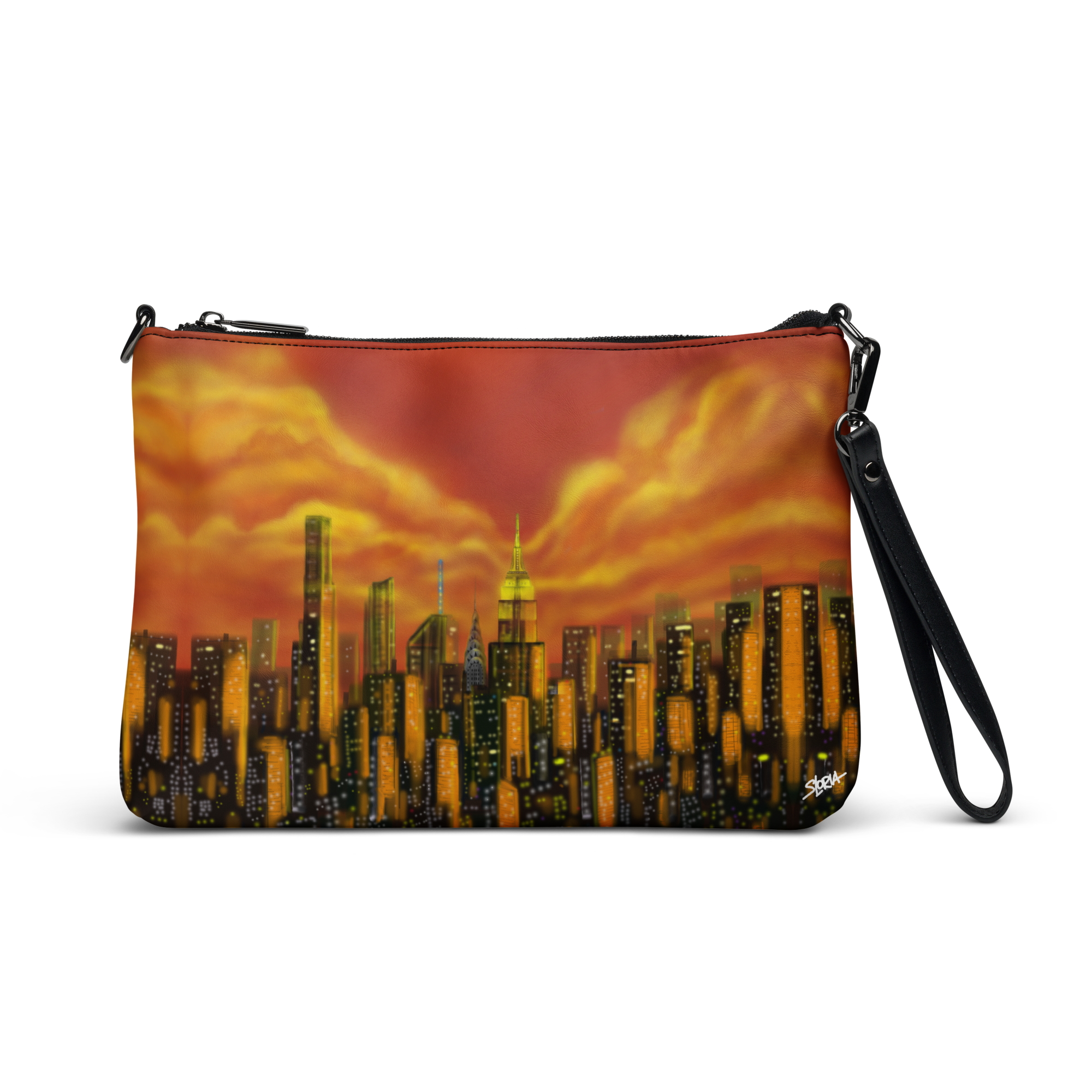 Pouch with Loria NYC Art cityscape design featuring tall buildings and a sunset sky.