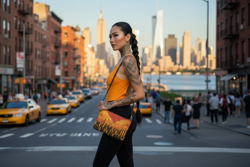 Woman holding a Loria NYC Art bag with tattoos standing on a city street with a blurred skyline in the background