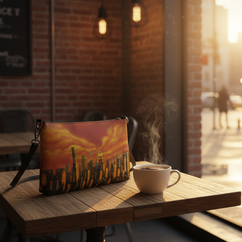 Brown backpack with a cityscape Loria NYC Art design on table in cafe