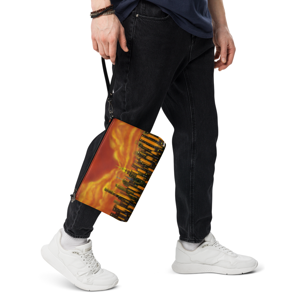 Person wearing black pants and white sneakers holding a Loria NYC Art colorful skateboard with a flame design.