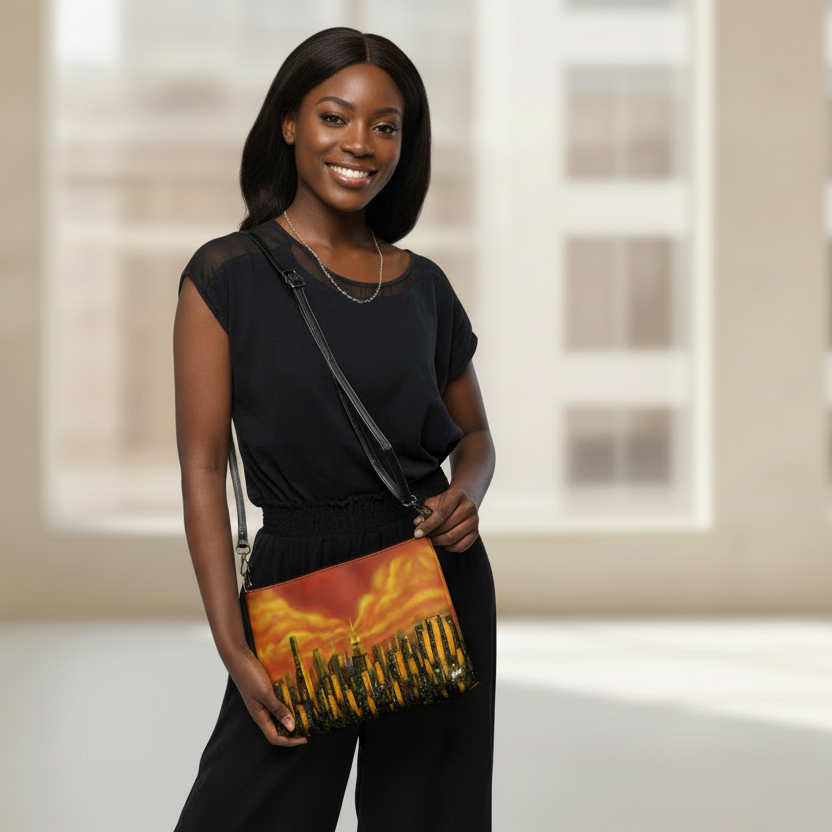 Woman holding a crossbody bag with a cityscape Loria NYC Art design on a white background
