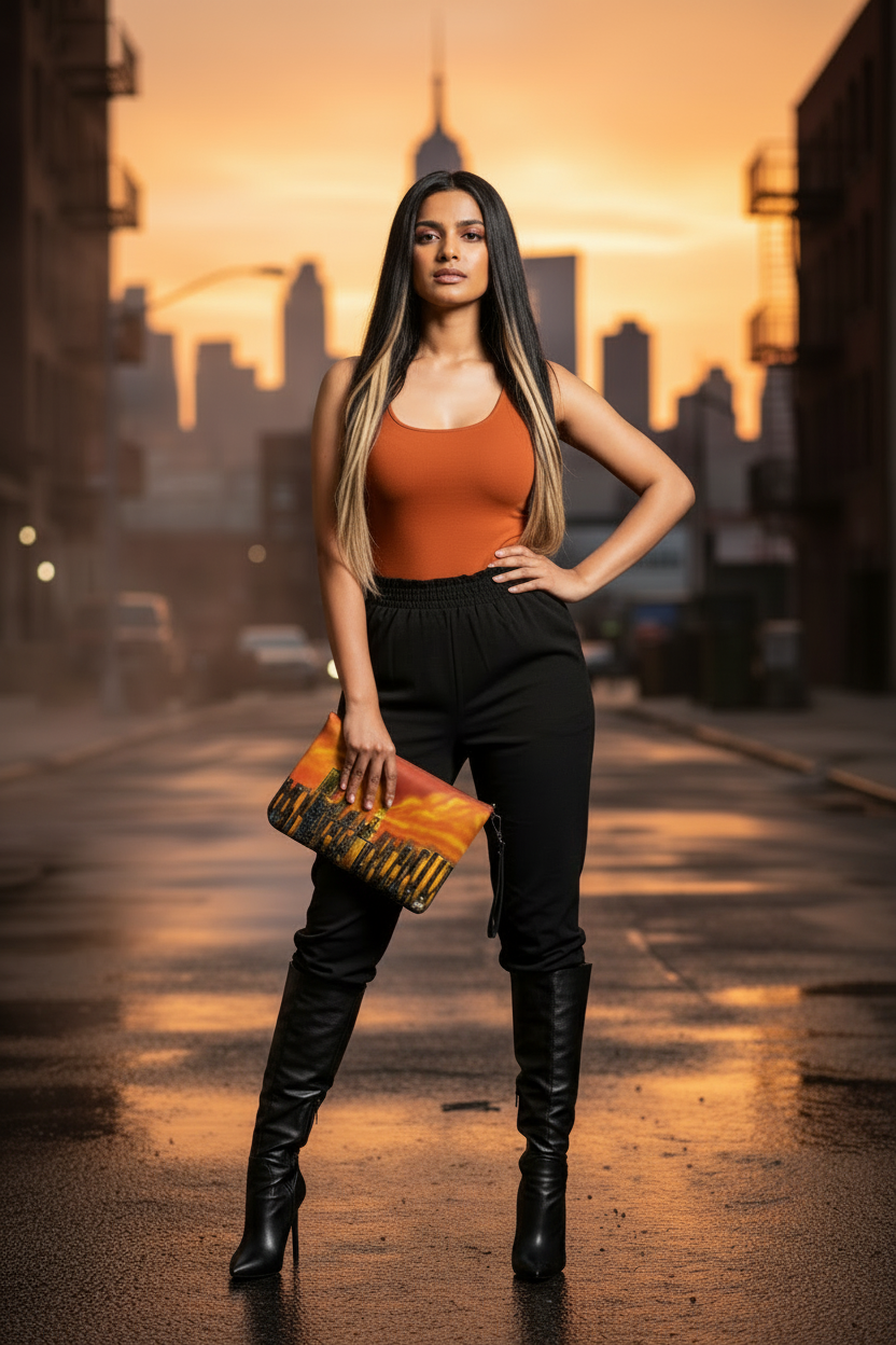 Woman holding a Loria NYC Art colorful clutch against a striped background