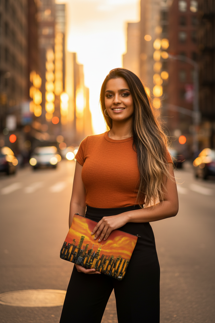 Female holding an orange Loria NYC Art bag in an urban setting.