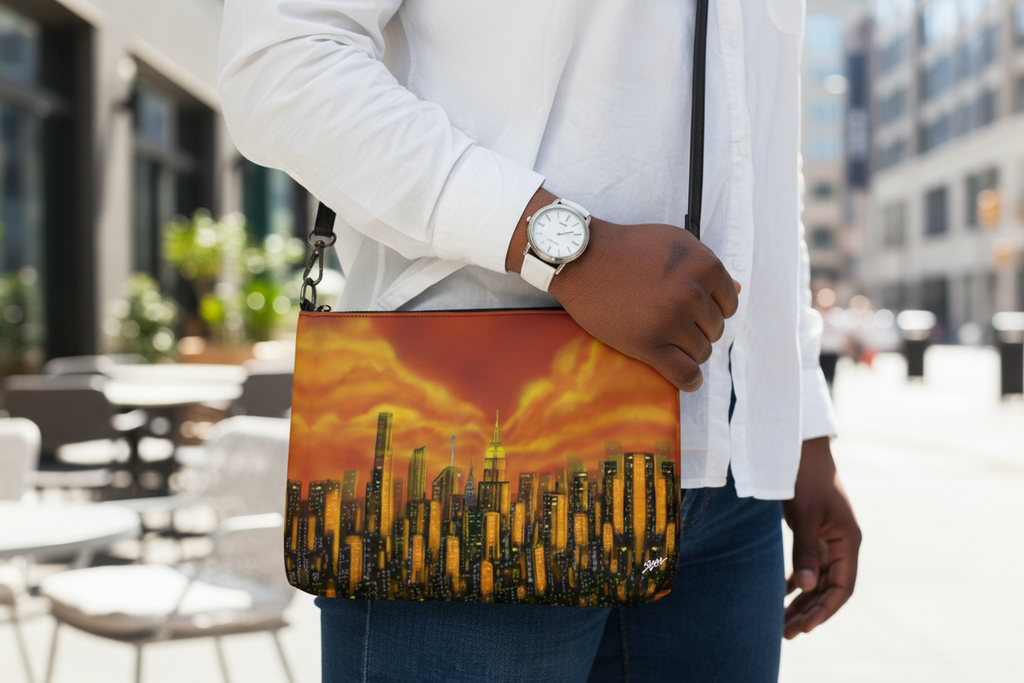 Person holding a bag with a cityscape Loria NYC Art design against a urban background