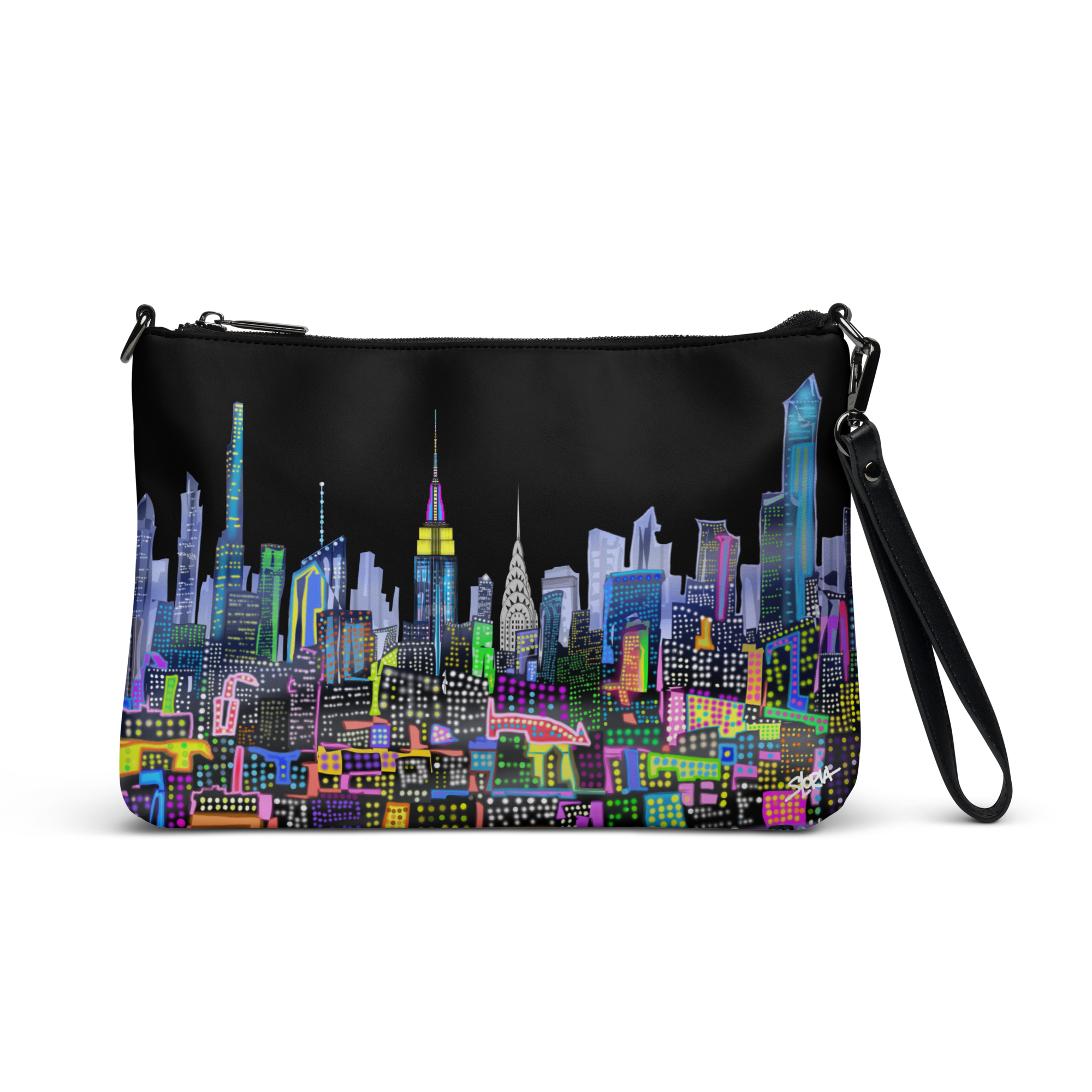 Side view of Black wristlet with Loria NYC Art colorful cityscape design on a white background