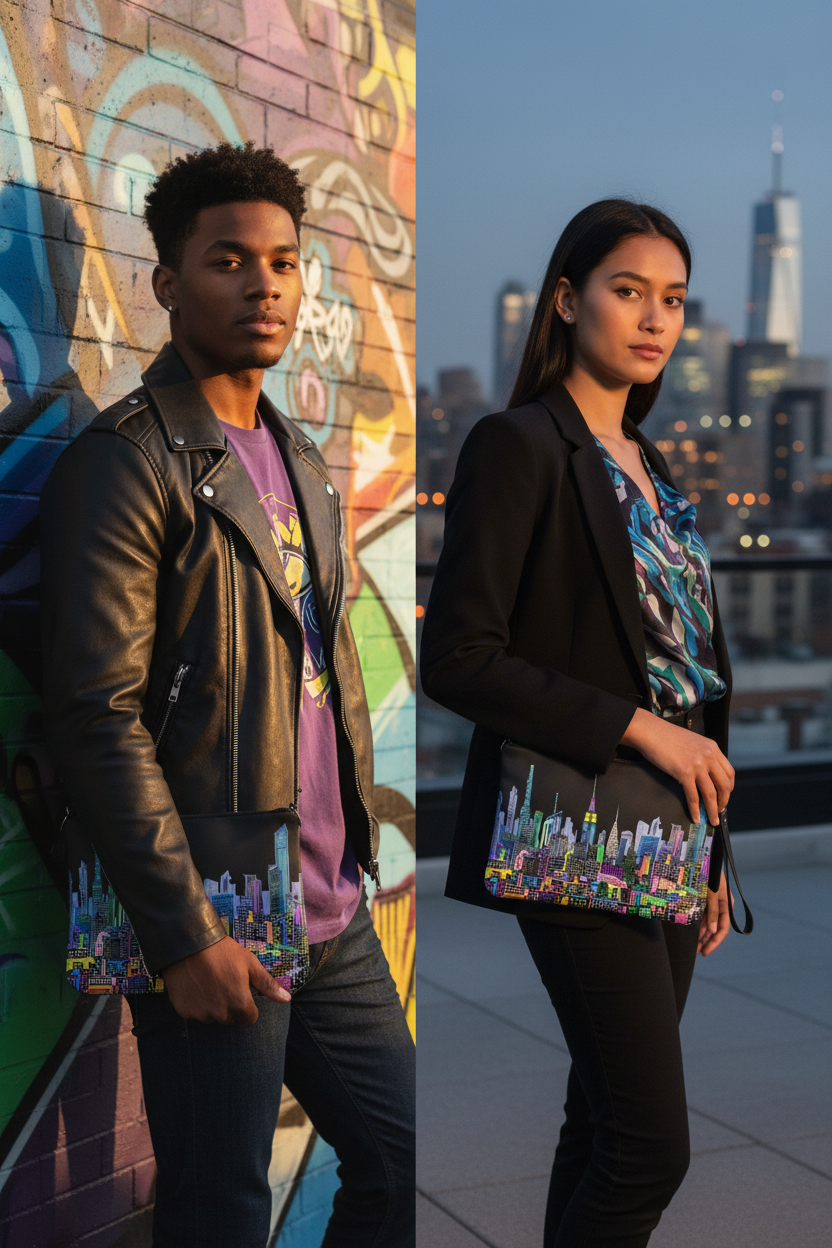 Two people, holding Loria NYC Art bags, one with a colorful mural and the other with a cityscape background.