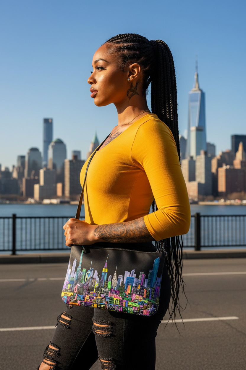 Woman holding a colorful bag with a cityscape Loria NYC Art design, standing in front of a city skyline.