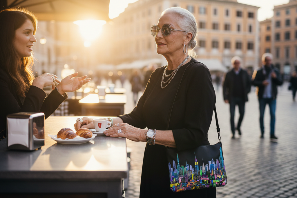 Two women having a conversation at an outdoor cafe with  one wearing a cityscape Loria NYC Art pocketbook 