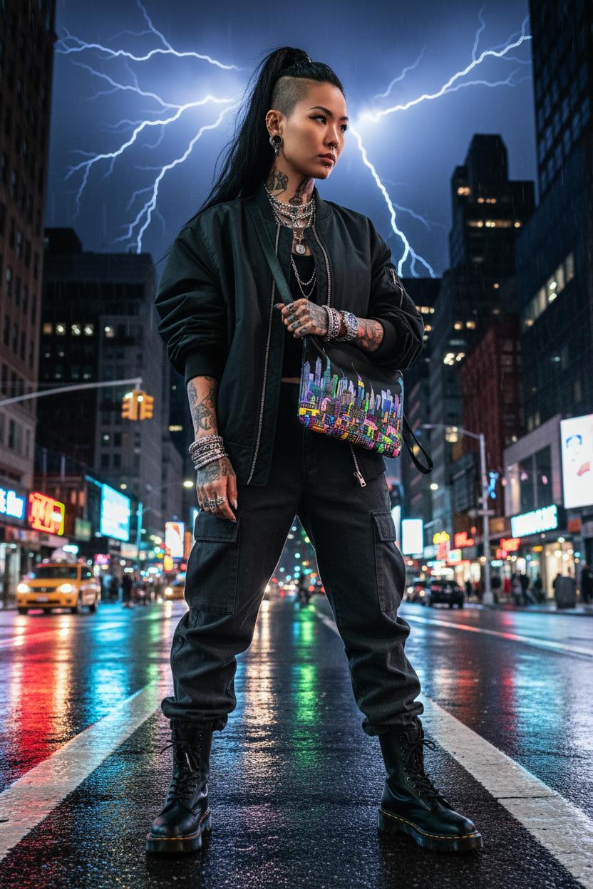 Person standing wearing a Loria NYC Art crossbody bag on a city street at night with lightning in the sky
