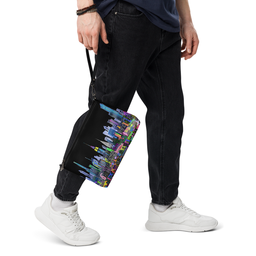 Person holding a colorful bag with a cityscape Loria NYC Art design, wearing black pants and white sneakers on a transparent background.