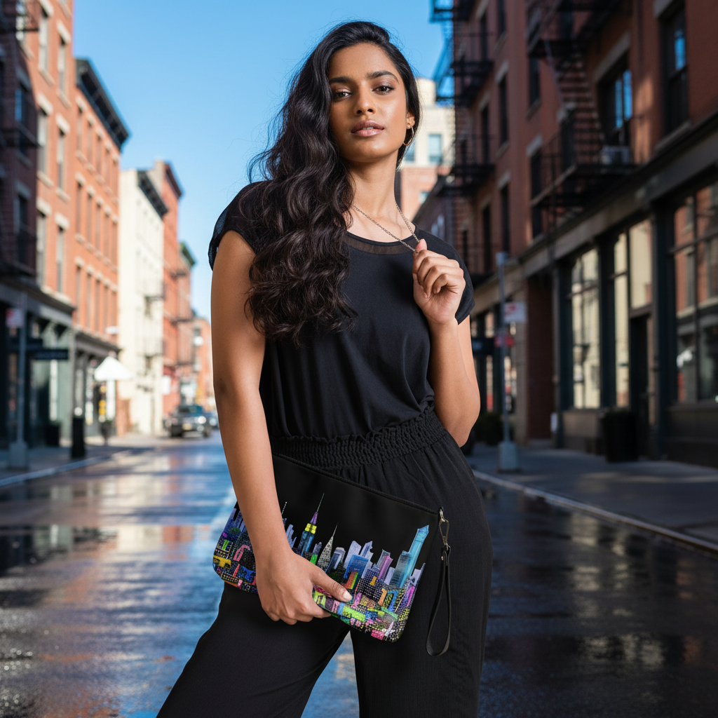 Woman holding a colorful Loria NYC Art clutch against a striped wooden background