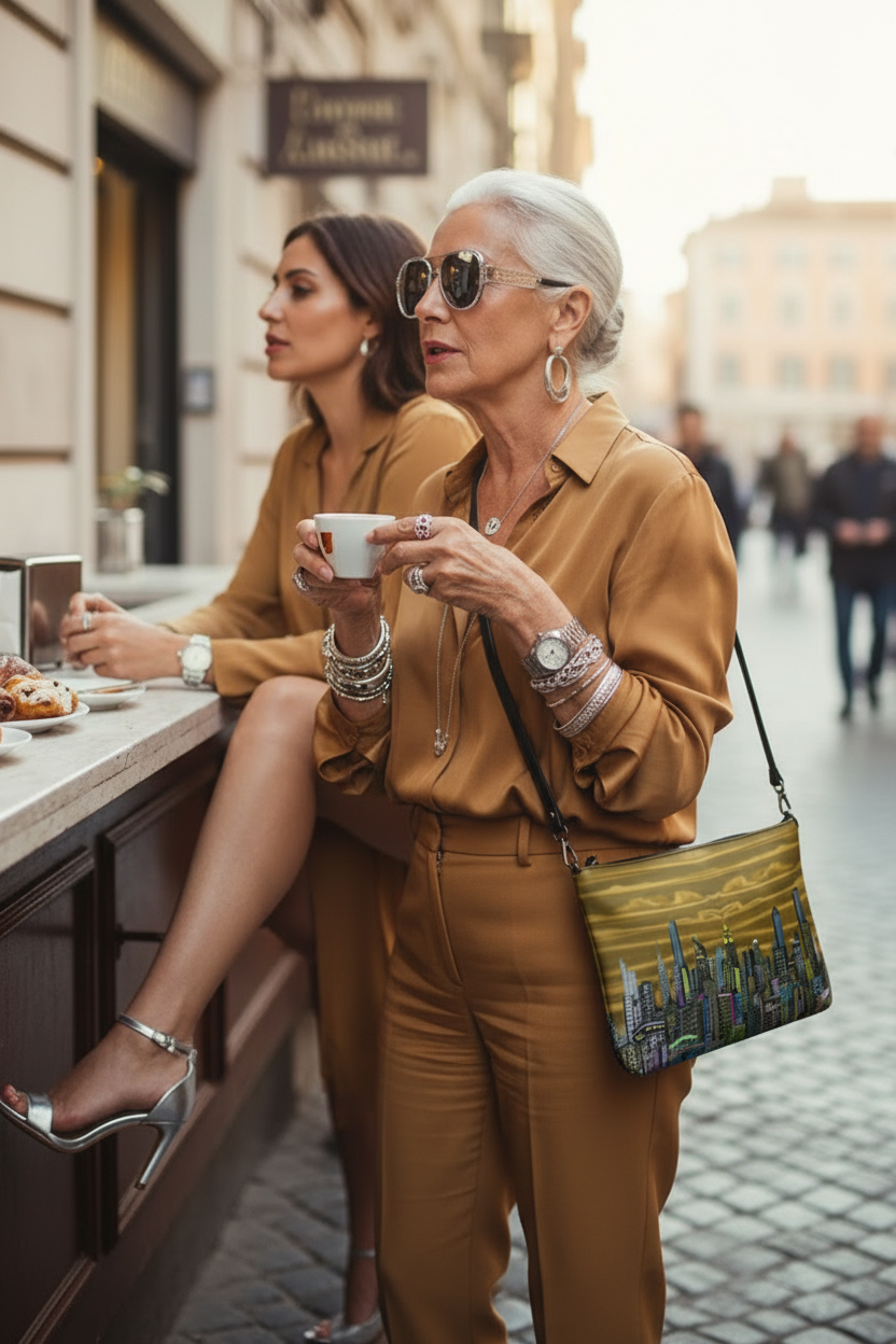 Women wearing a skyline Loria NYC Art crossbody clutch bag with a friend having a coffee.