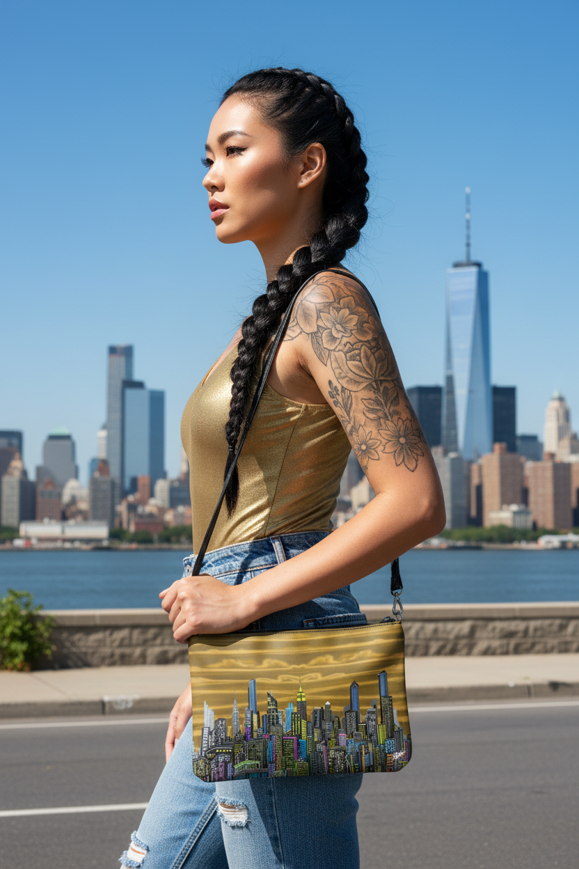 Woman holding a Loria NYC Art bag with tattoos standing in front of a city skyline with a river.