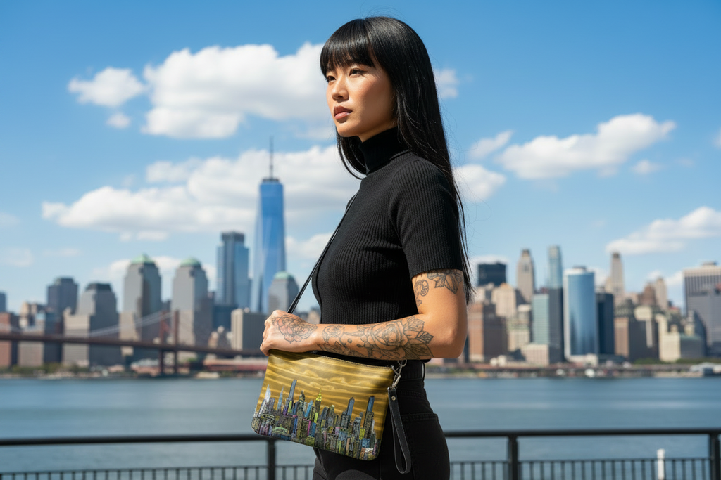 Woman holding a handbag with a cityscape Loria NYC Art design, standing in front of a city skyline.