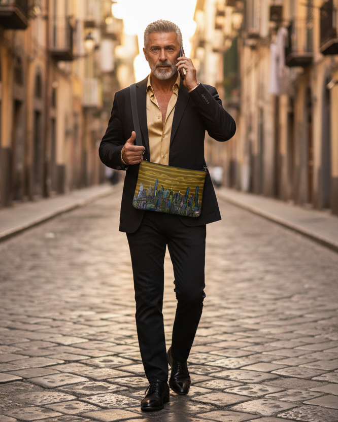 Man walking down a cobblestone street in an urban setting wearing a Loria NYC Art crossbody bag