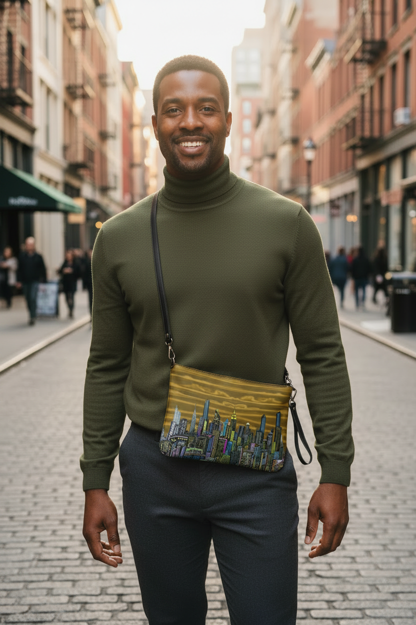 Man posing with a skyline Loria NYC Art crossbody clutch bag in an urban setting.