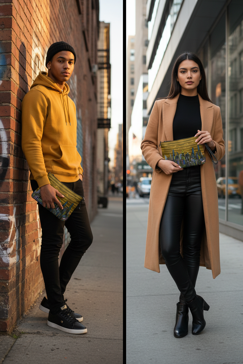 Two people in urban settings, both holding Loria NYC Art clutch bags, one leaning against a brick wall wearing a yellow hoodie and black pants and other in a city street wearing a long coat and black pants.