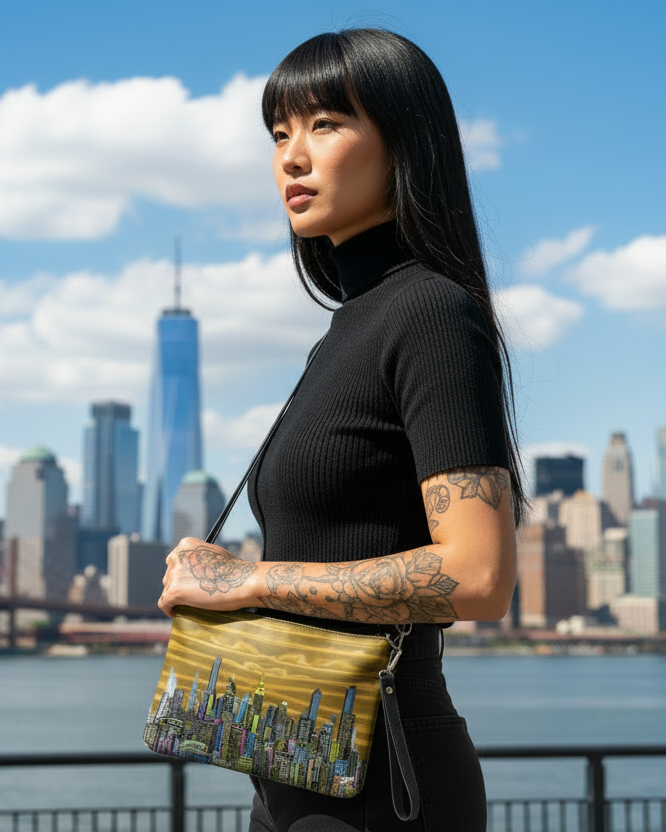 Woman holding a yellow handbag with cityscape Loria NYC Art design against a skyline backdrop