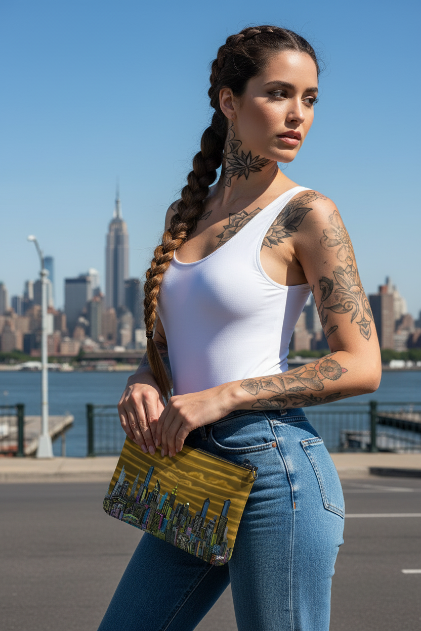 Woman with tattoos holding a yellow Loria NYC Art clutch in front of a city skyline