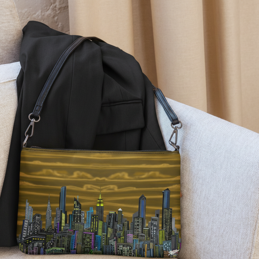 Brown clutch bag with a Loria NYC Art cityscape design on a beige couch