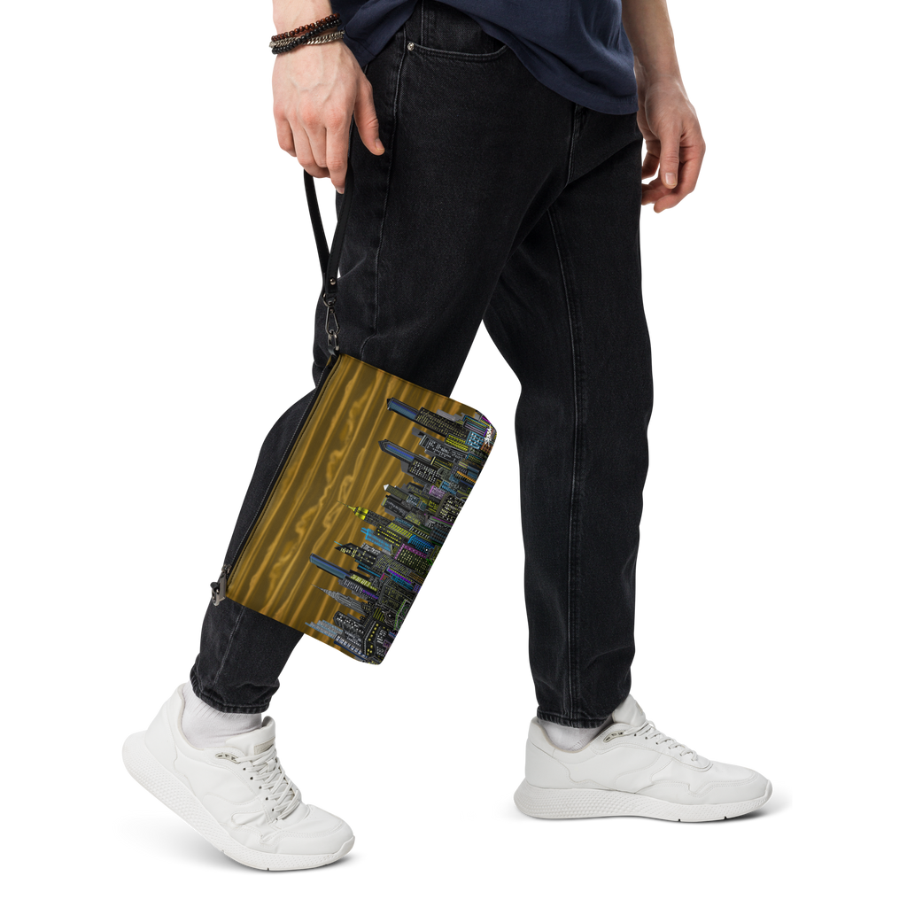 Person holding a bag with a Loria NYC Art colorful design, wearing black pants and white sneakers on a transparent background