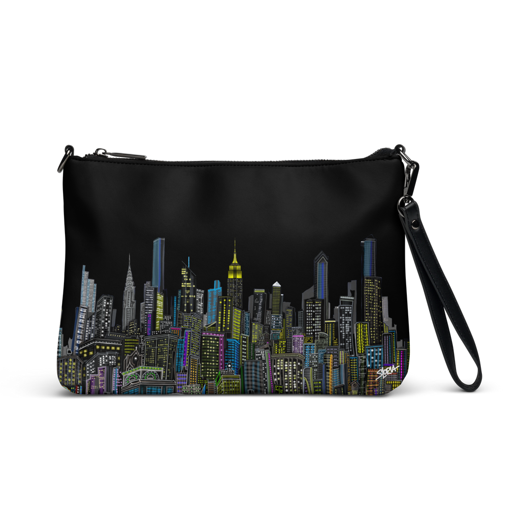 Black crossbody bag with Loria NYC Art cityscape design on a white background