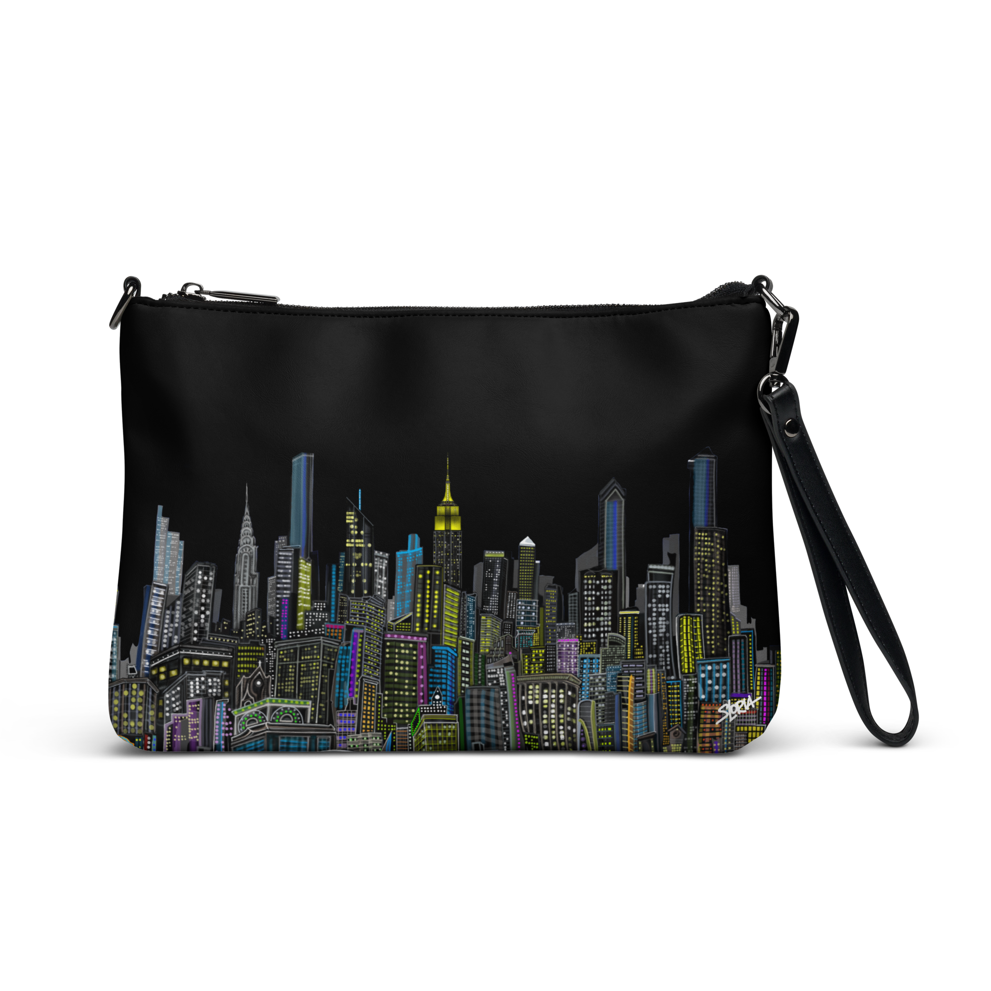Black crossbody bag with Loria NYC Art cityscape design on a white background