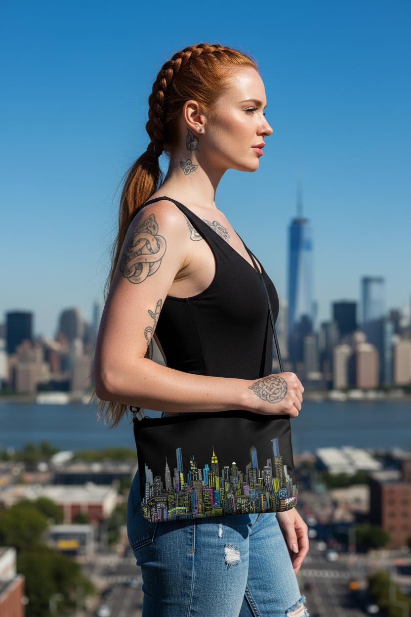 Woman with red hair holding a blue bag with a cityscape Loria NYC Art design, standing in front of a city skyline.