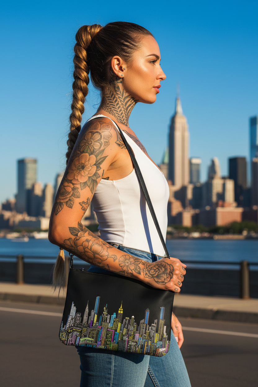 Woman with tattoos holding a blue bag with a cityscape Loria NYC Art design, standing in front of a city skyline.