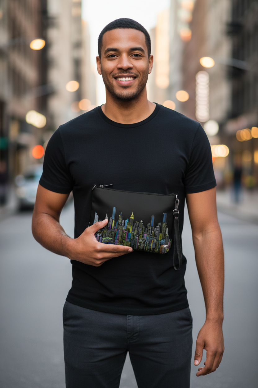 Man holding a black Loria NYC Art clutch back in a city setting