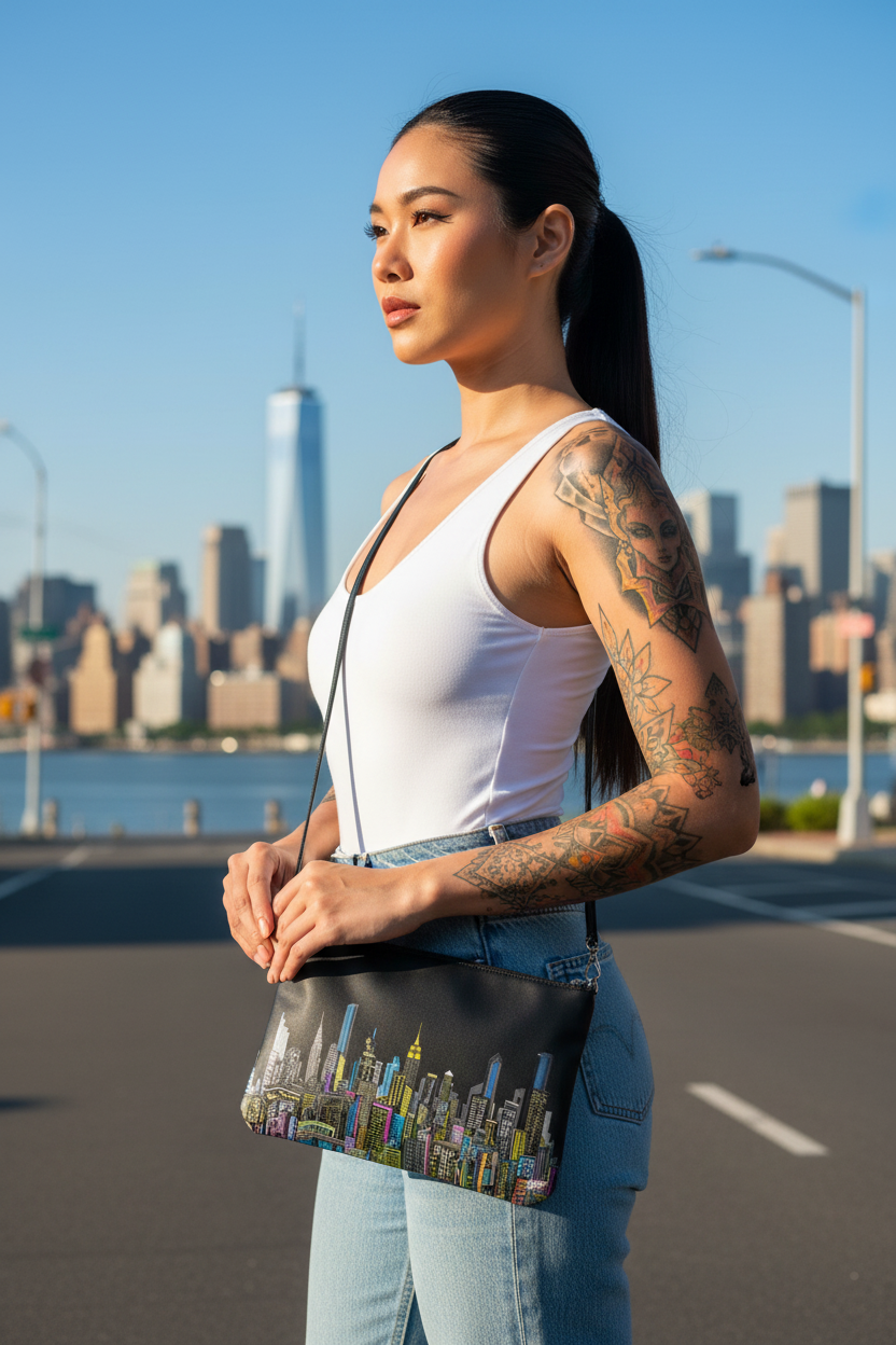 Woman with white top holding a blue bag with a cityscape Loria NYC Art design, standing in front of a city skyline.