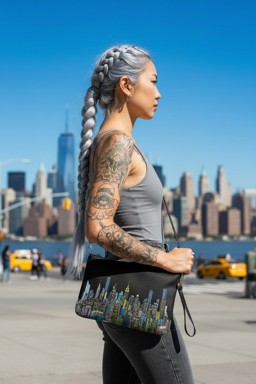 Woman with silver hair holding a blue bag with a cityscape Loria NYC Art design, standing in front of a city skyline.