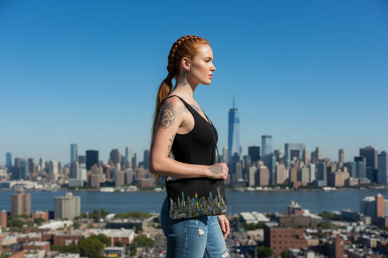 Woman holding a Loria NYC Art bag standing with a city skyline and water in the background