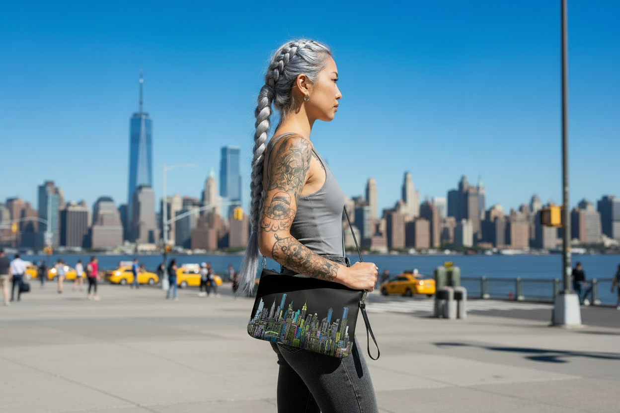 Women holding a black Loria NYC Art clutch bag with a city skyline background.