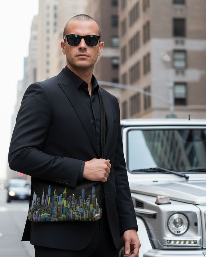 Man in a black suit holding a Loria NYC Art colorful bag with a Mercedes-Benz car in the background.