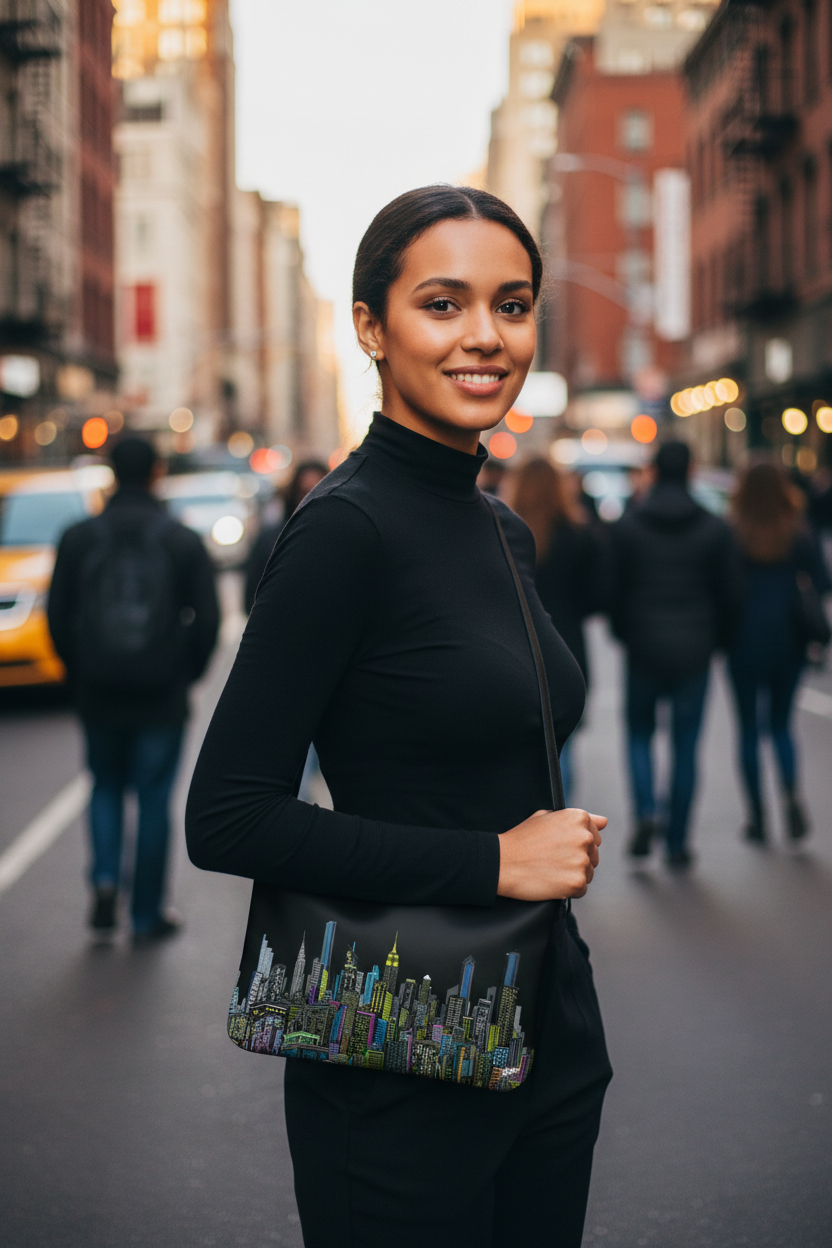 Women holding a black Loria NYC Art clutch back in a city setting