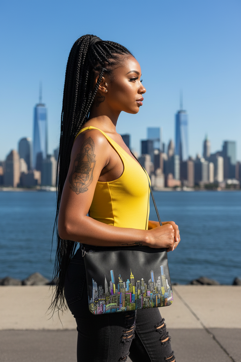 Woman holding a blue bag with a cityscape Loria NYC Art design, standing in front of a city skyline.