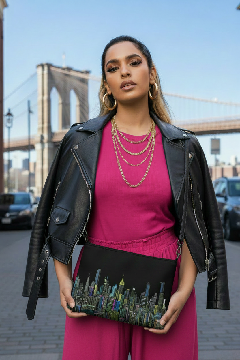 Woman in pink outfit with black leather jacket holding a Loria NYC Art cityscape clutch in an urban setting.