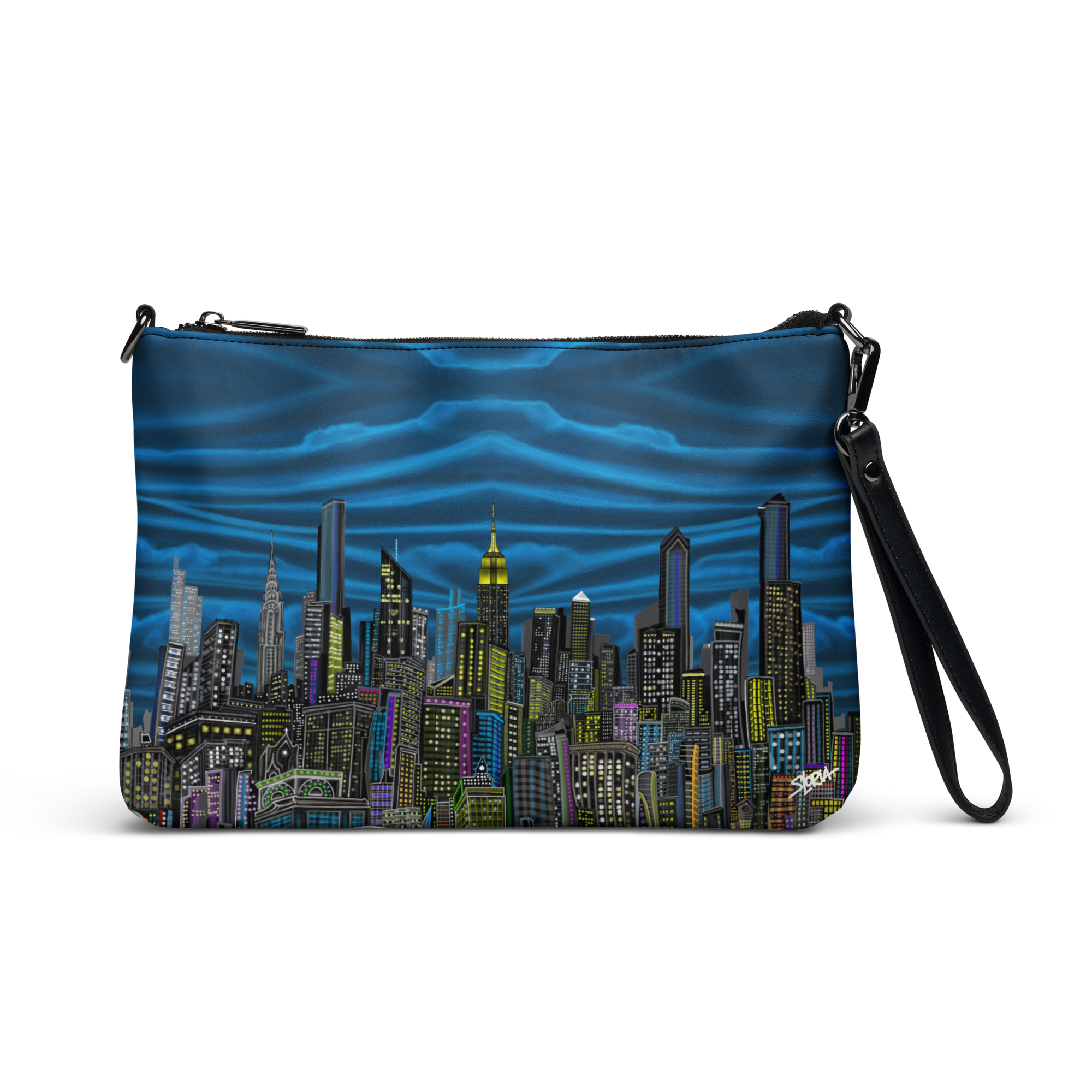 Pouch with cityscape Loria NYC Art design on a blue background