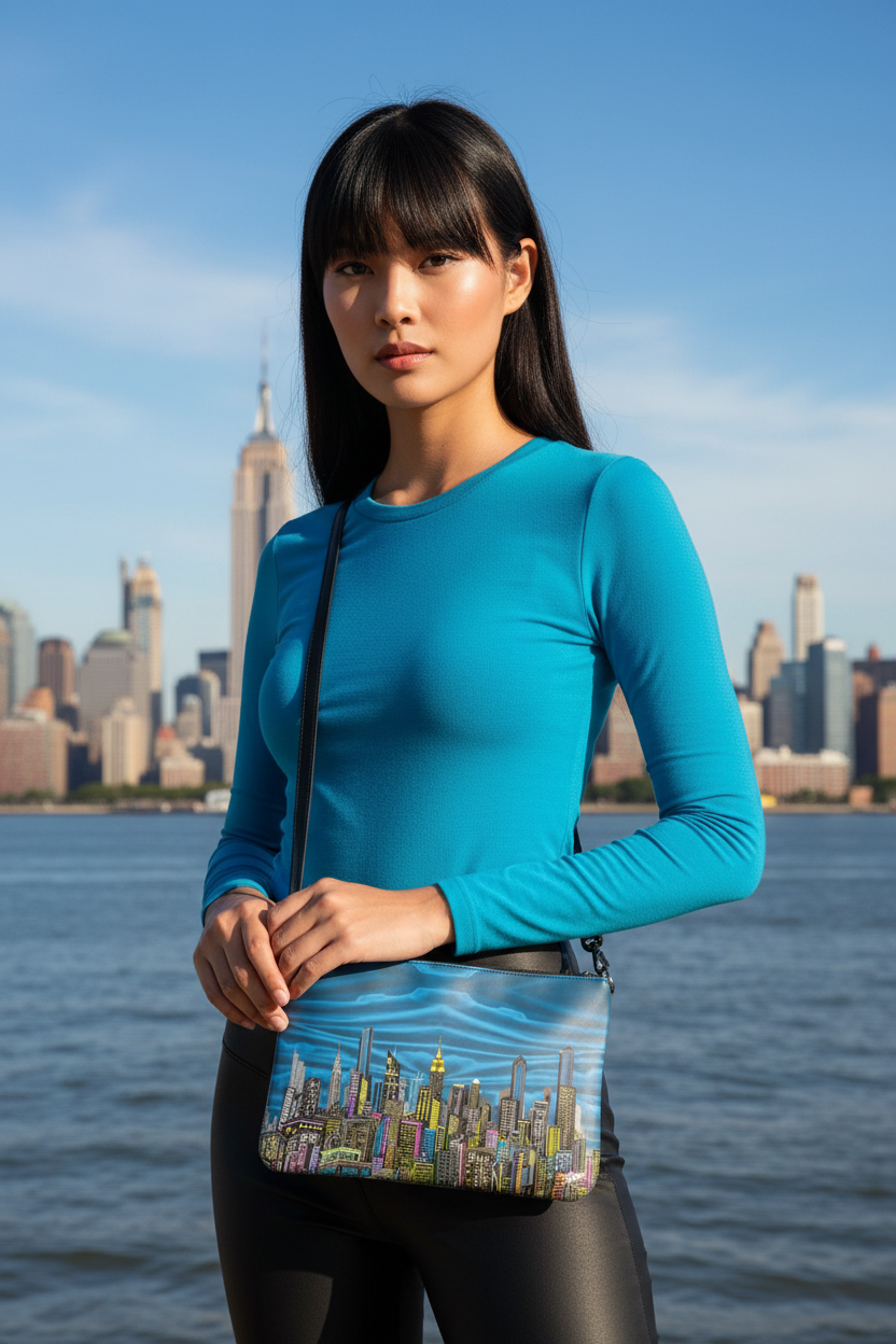 Female holding a blue Loria NYC Art clutch with skyline in the background.