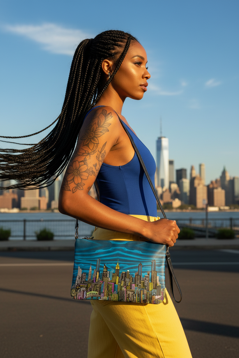 Woman with a Loria NYC Art cityscape bag and yellow pants standing on a street with a city skyline in the background