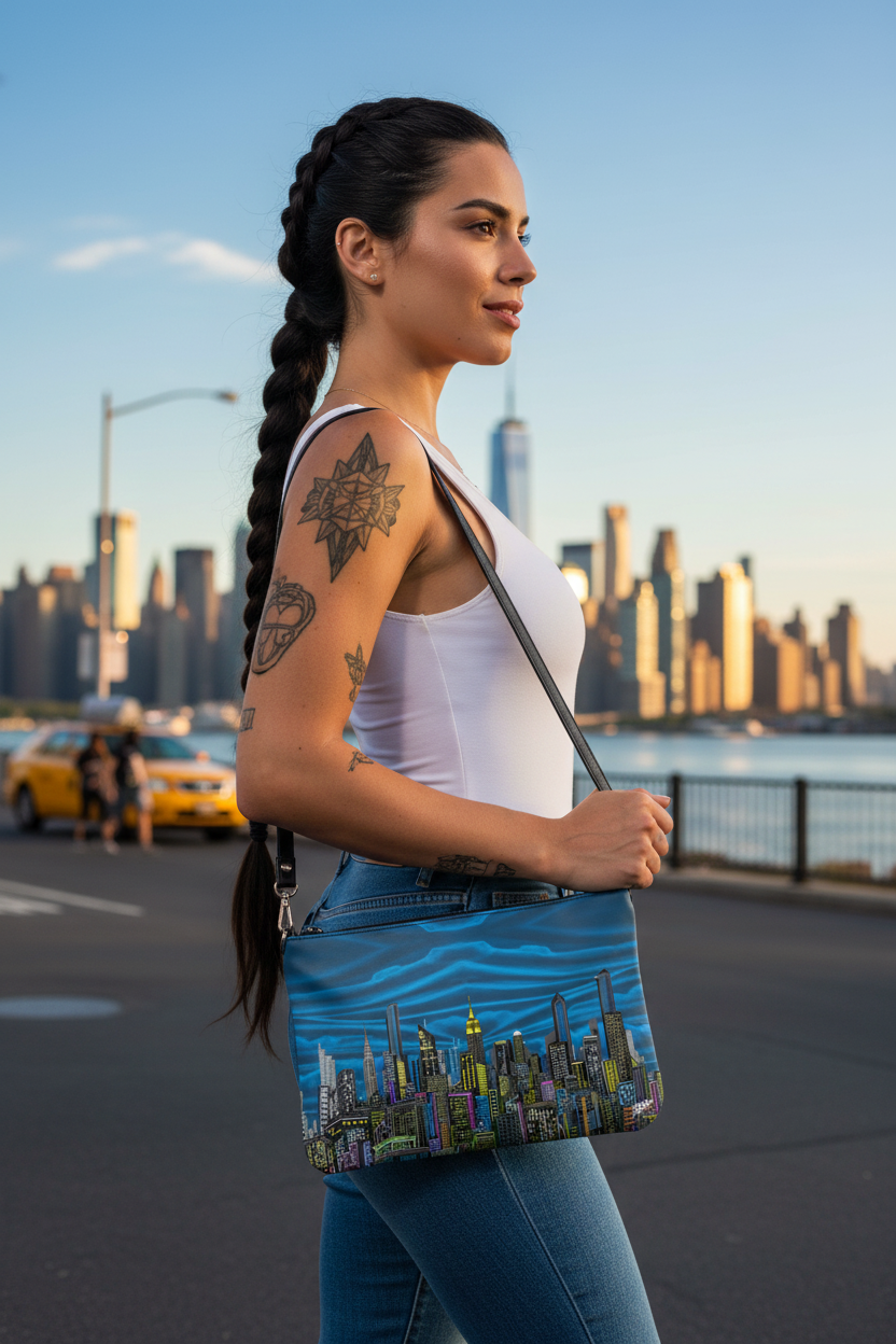 Woman with a Loria NYC Art cityscape bag standing on a street with a city skyline in the background