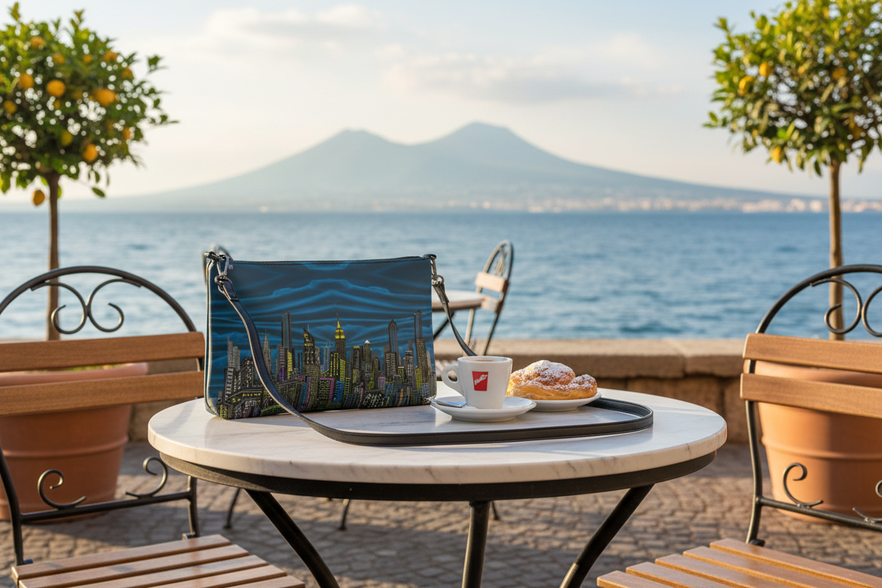 Blue pouch with cityscape Loria NYC Art design on an outside table 
