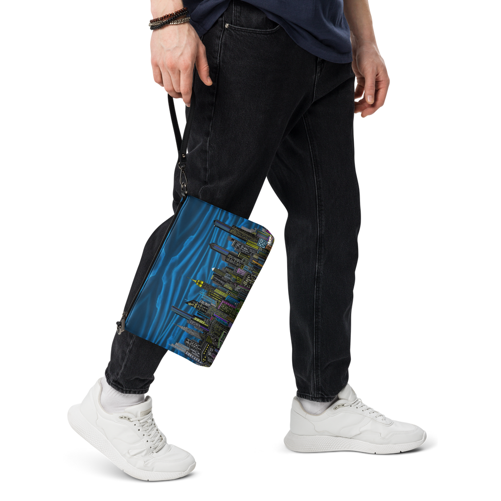 Person holding a blue and black Loria NYC Art patterned bag with black pants and white sneakers on a transparent background