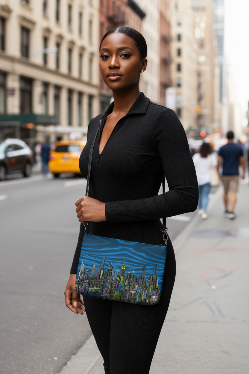 Person holding a blue Loria NYC Art bag with a cityscape design