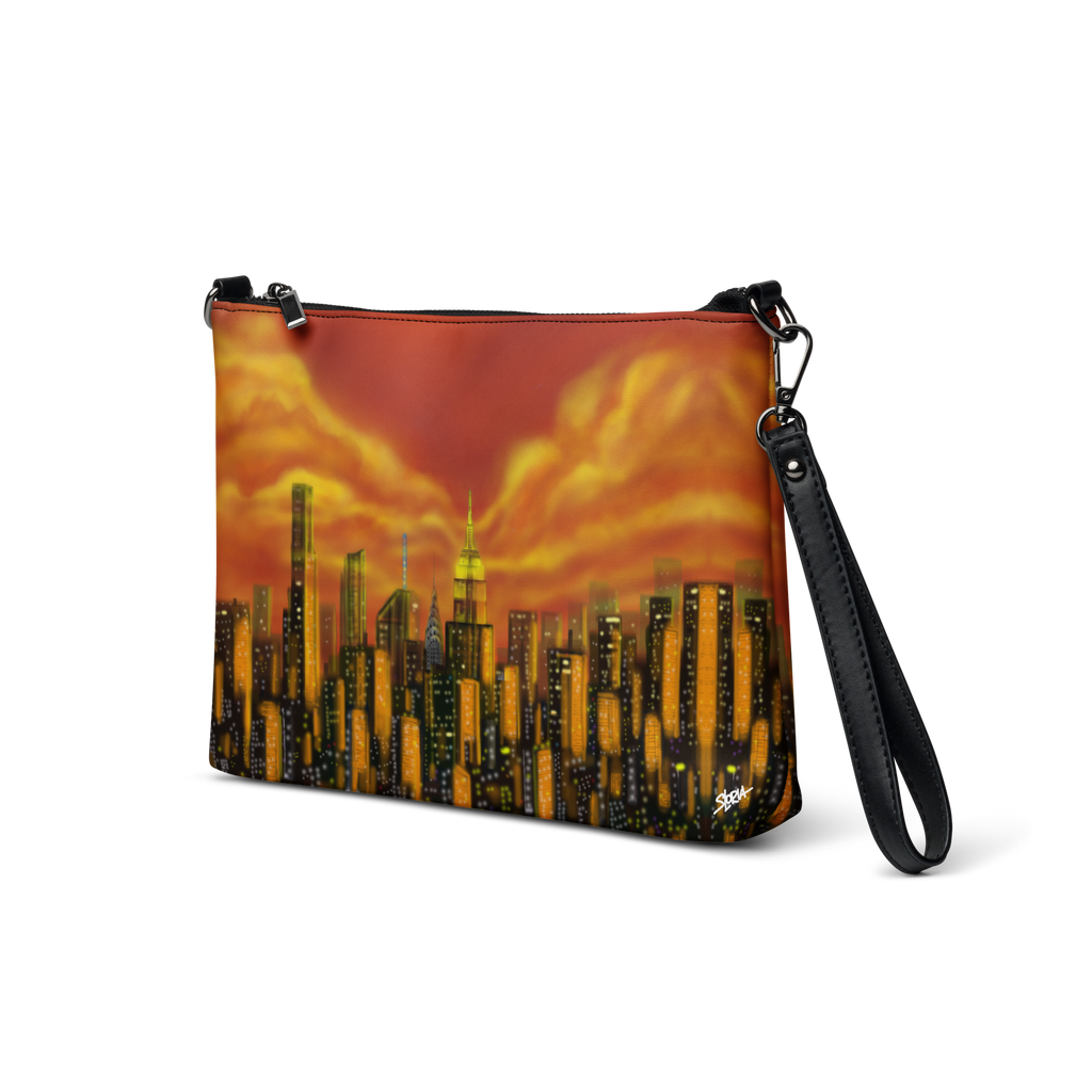 Pouch with cityscape Loria NYC Art design and black strap on a white background