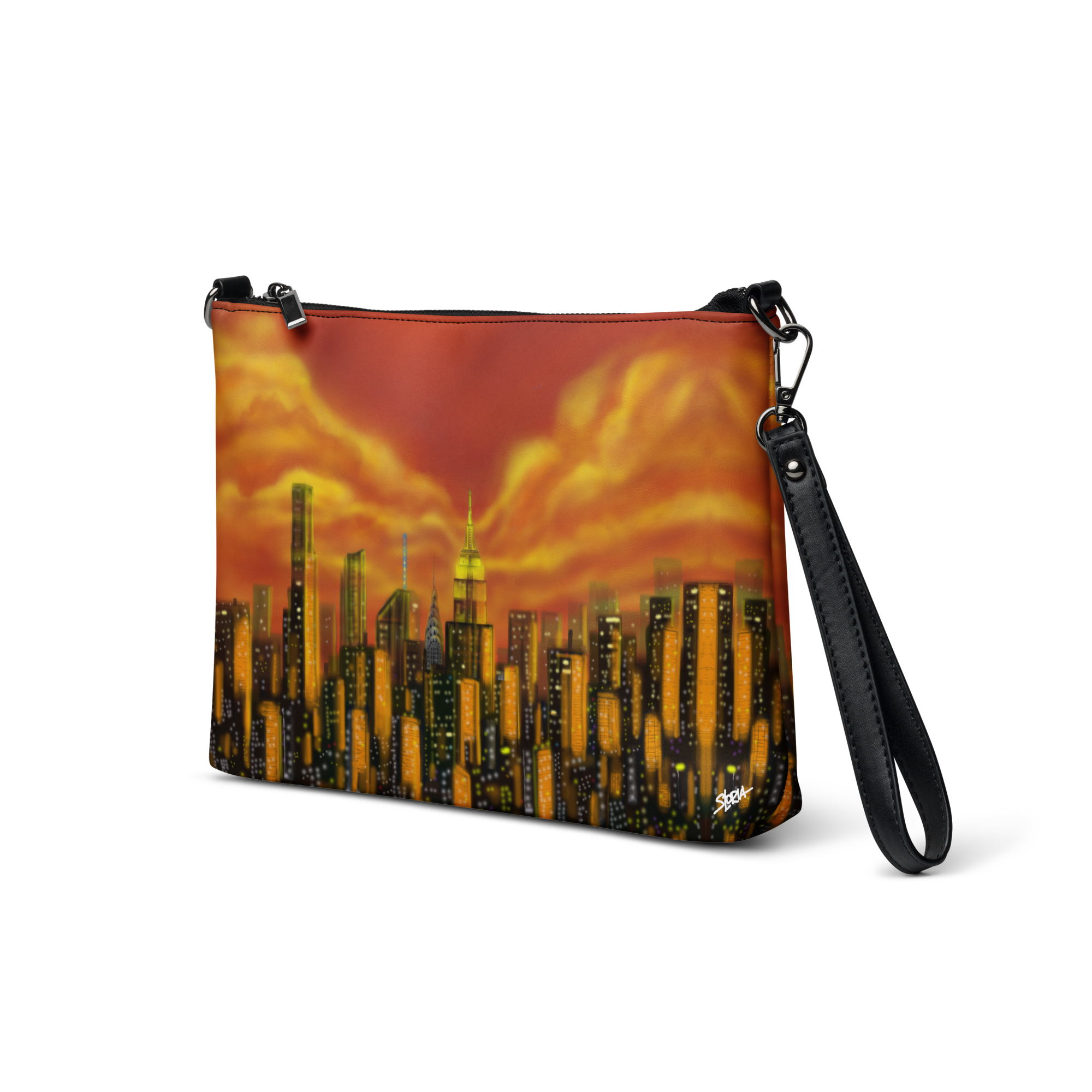 Pouch with cityscape Loria NYC Art design and black strap on a white background