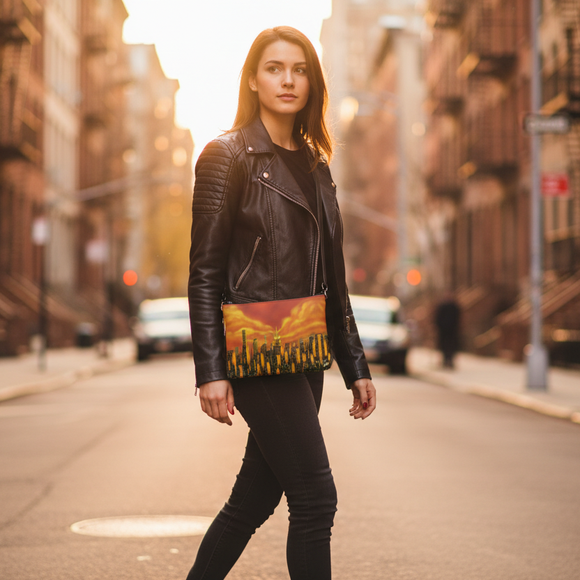 Lady walking with a clutch with a cityscape Loria NYC Art design against a white background