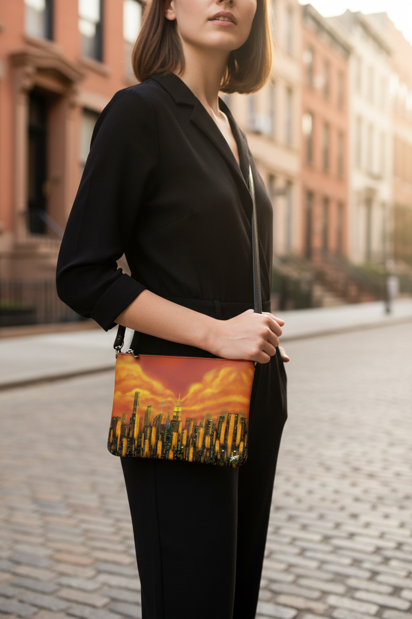 Women holding a clutch with a cityscape Loria NYC Art design against a city street background