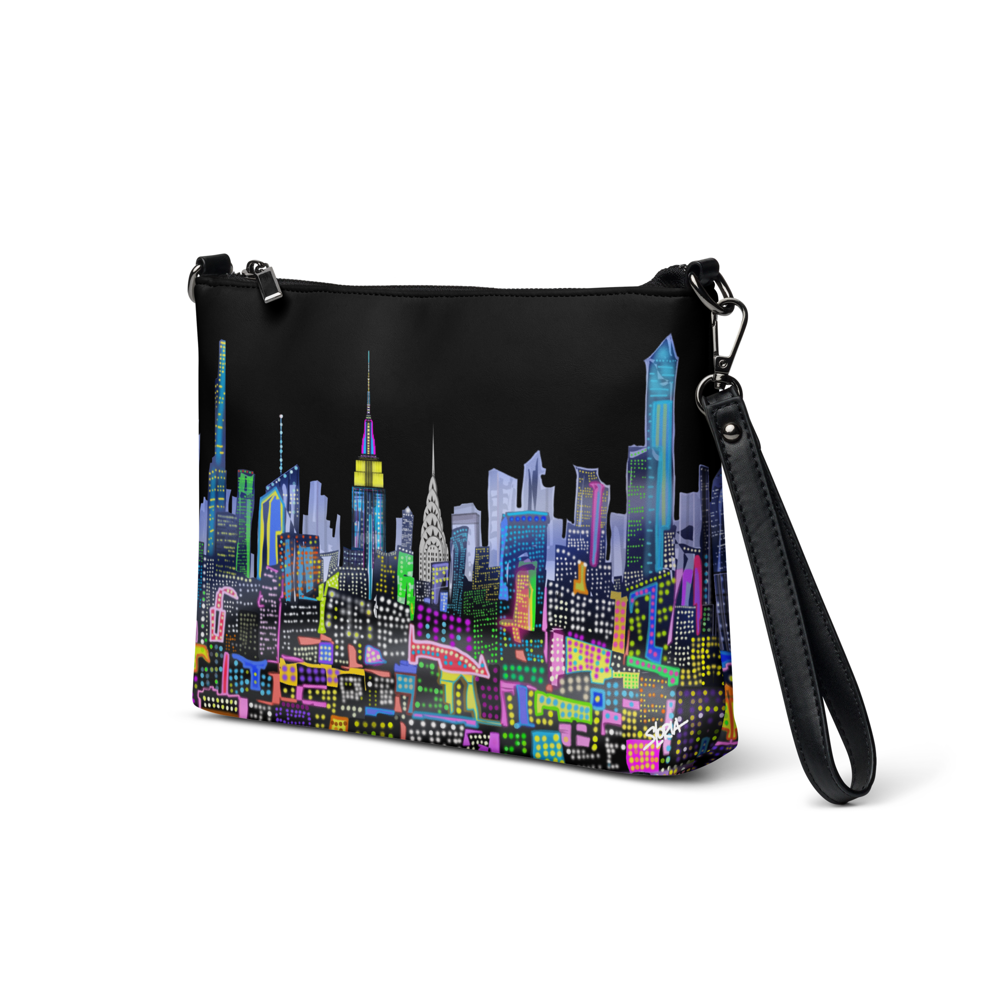 Side angle view of Black crossbody bag with Loria NYC Art colorful cityscape design on a transparent background